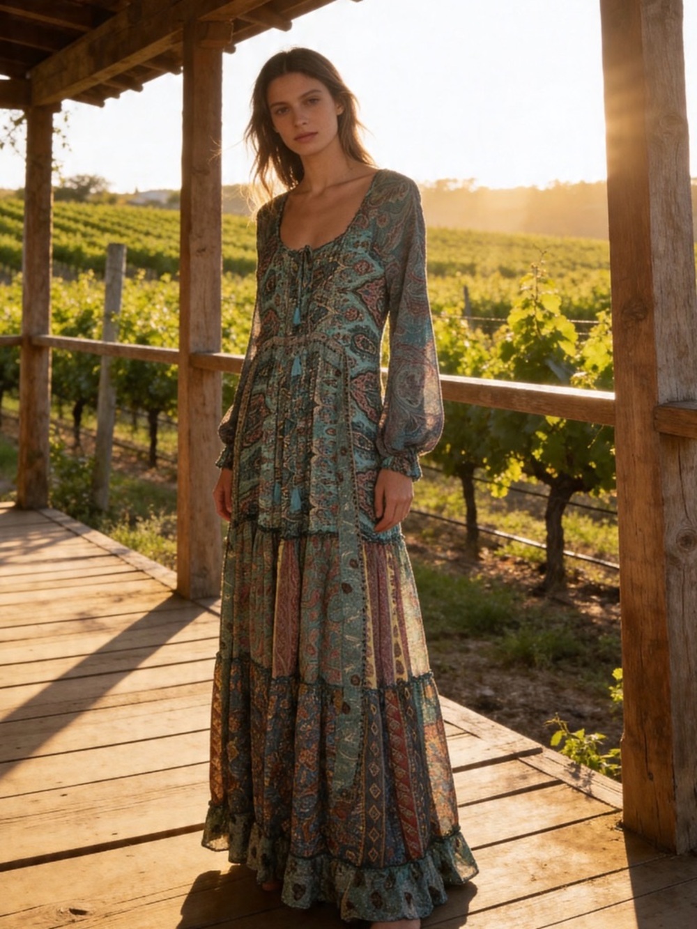 KARMA HIGHWAY One Size OS Multicolor Paisley Bohemian Peasant‎ Maxi Dress.